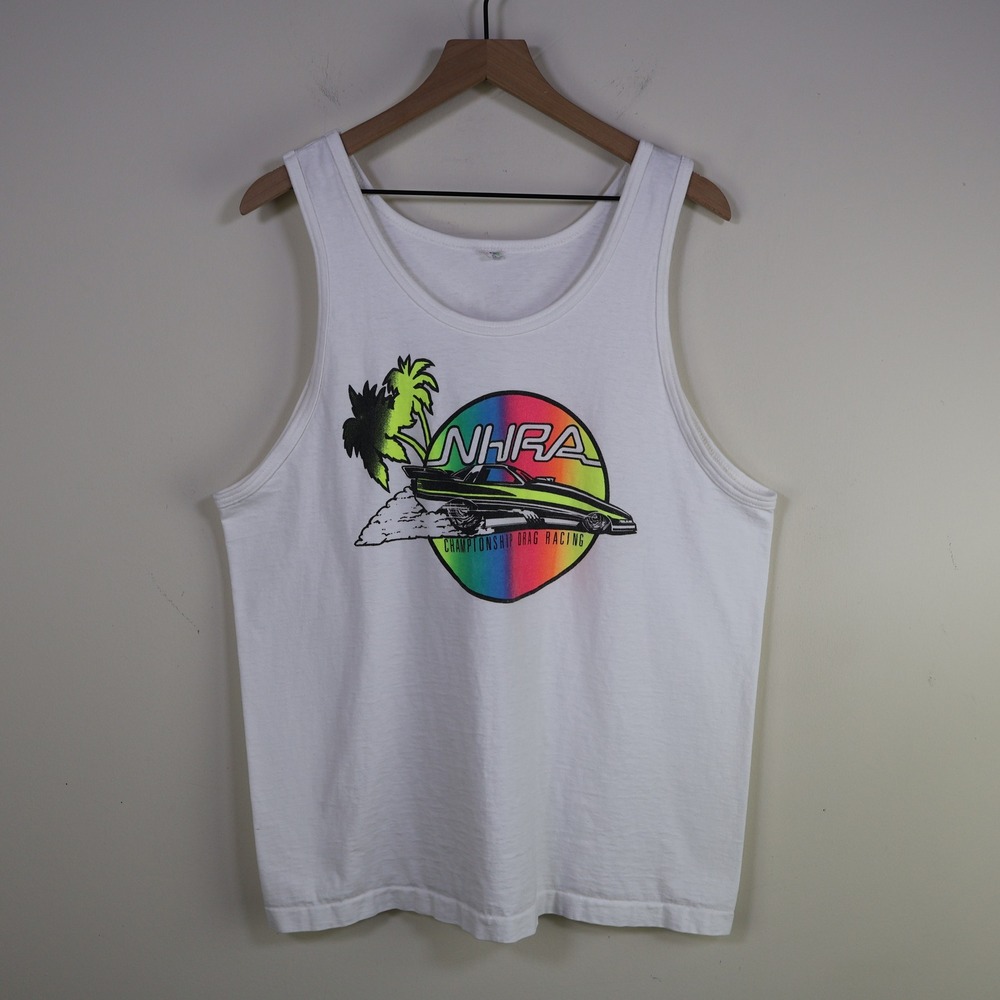 Vintage 90s NHRA Championship Drag Racing Tank Top XL Retro Neon Graphic White